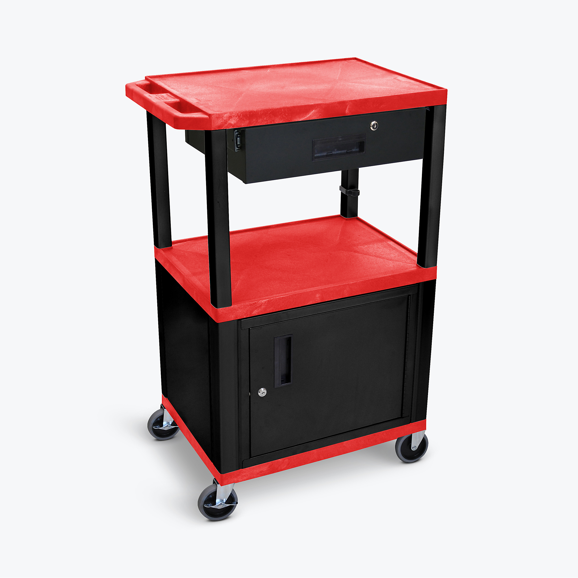 Luxor AV Cart — 42in. Height, 3 Shelves, Locking Cabinet and Drawer, Black, Model# WT42RC2E-B/WTD